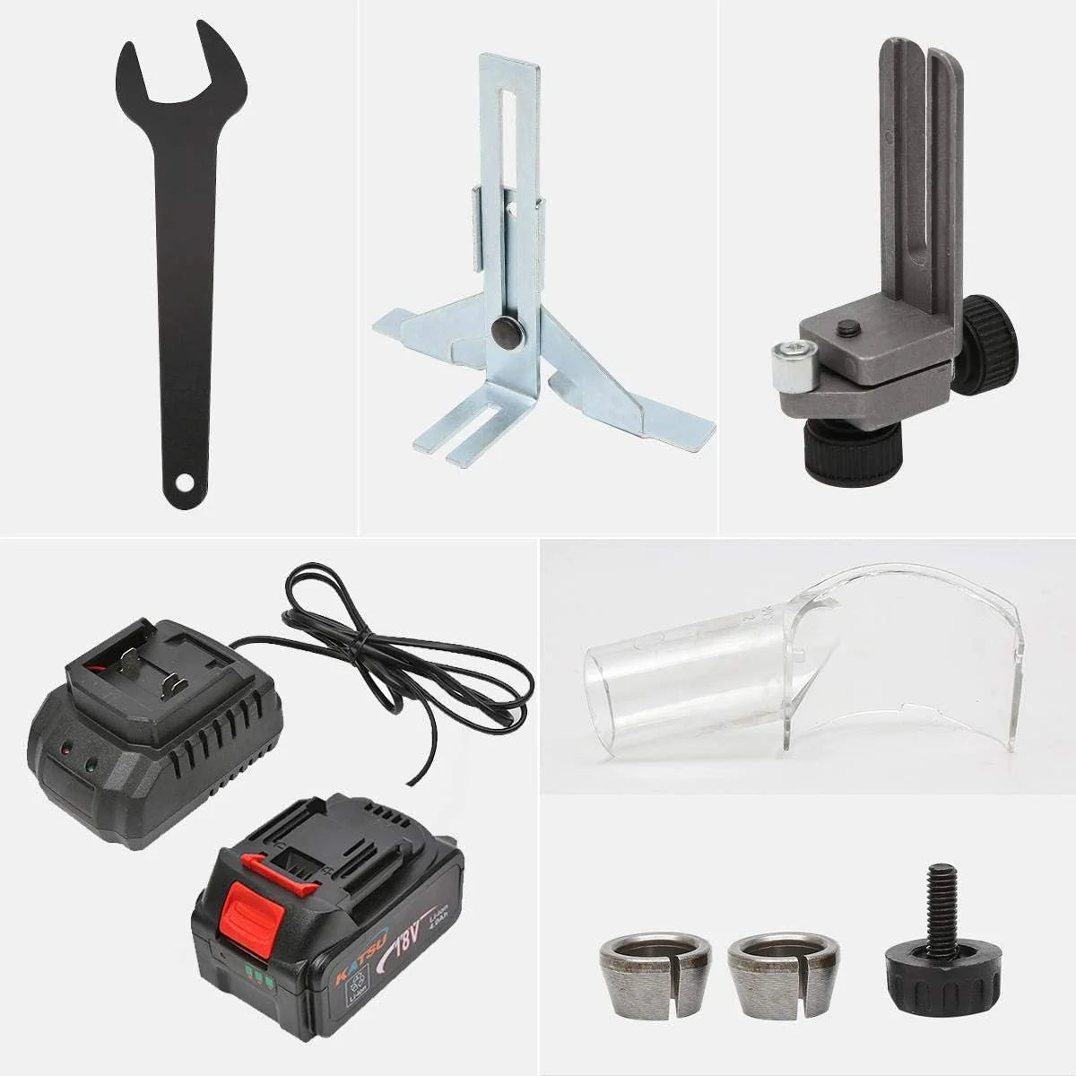 KATSU Juego de Fresadora de Madera Rebajadora Inalámbrica de 18 V con 3 Bases + 3 Pinzas de 6 mm, 8 mm y 10 mm + Batería 4.0 Ah y Cargador