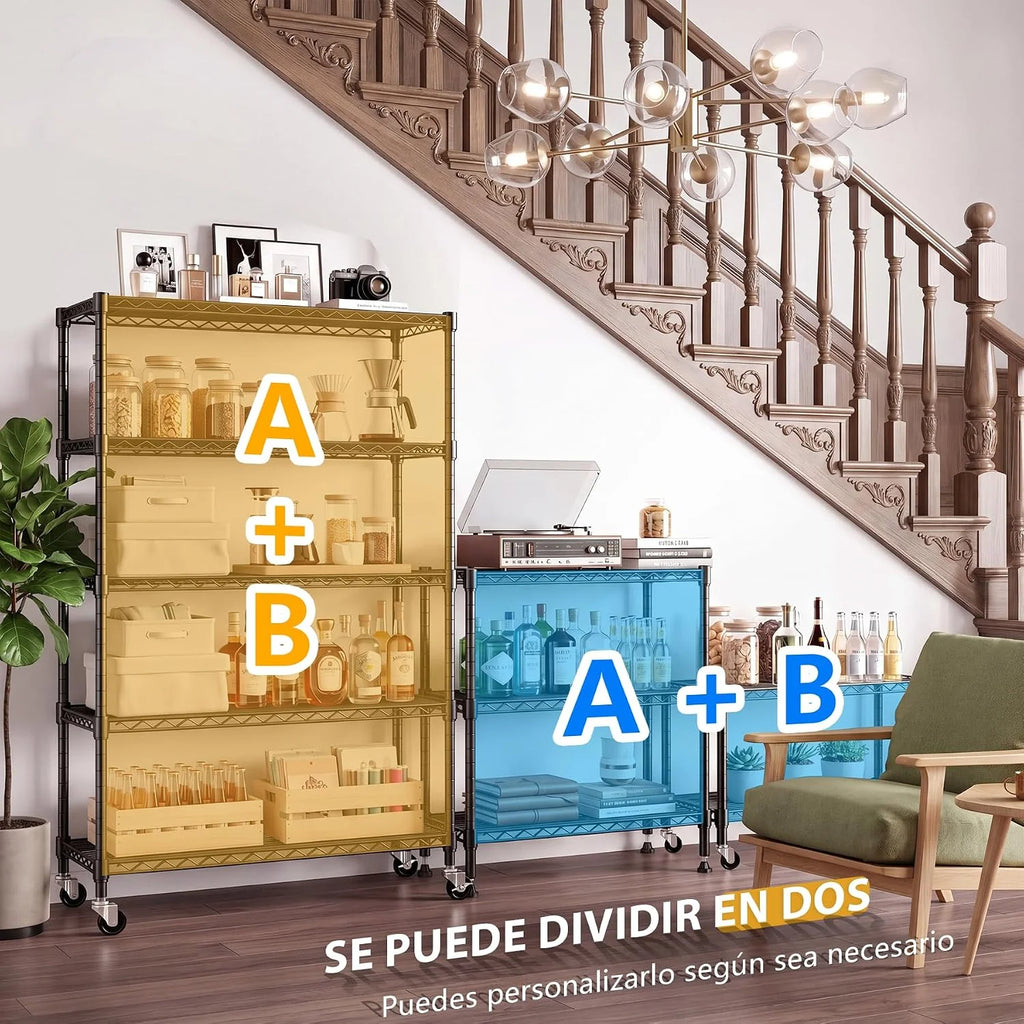 Himimi Estantería Metálica con Ruedas 5 Niveles, Altura Regulable, Estante de Almacenamiento Resistente de Alta Capacidad, Estantería de Rejilla para Cocina, Oficina & Baño,116×45×187 cm Negro