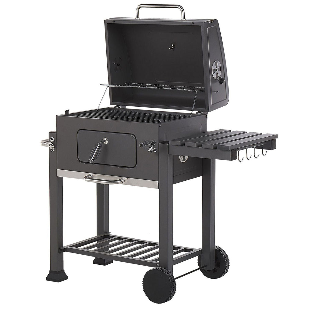 Barbacoa De Carbón Parrilla De Acero Gris Con Tapa Rejilla Ruedas 2 Estantes Termómetro Cenicero Extraíble Jardín Pavlof - Gris