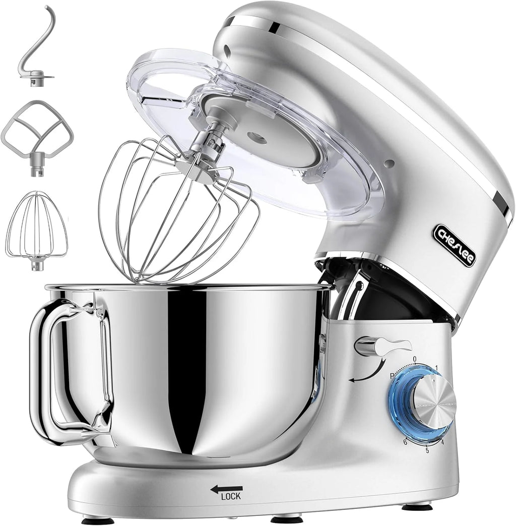 CHeflee Batidora Amasadora Profesional,2000W Amasadora Pan Repostería,6.2 L Bajo Ruido Robot de Cocina Multifunción,Gancho para Masa,Batidor Plano,Protección para Salpicaduras 6 Velocidades Batidora