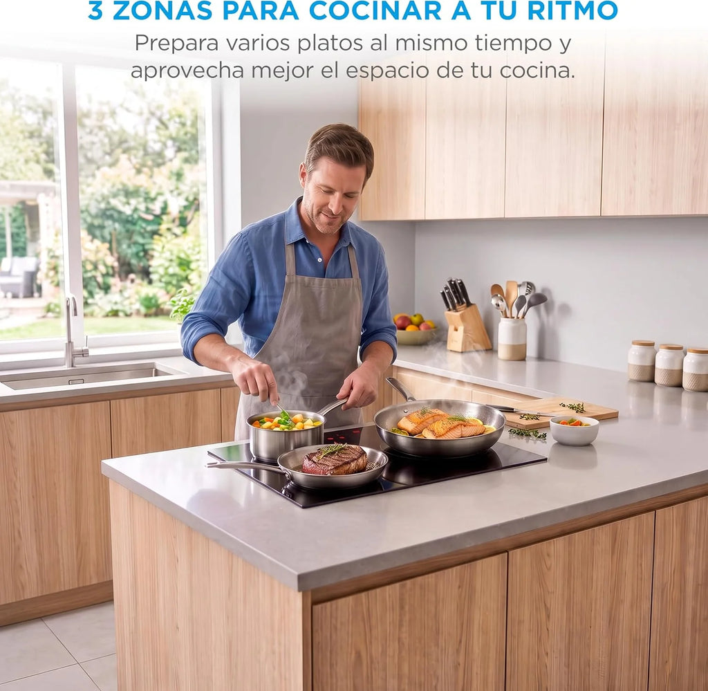 MIDEA Placa Inducción 3 fuegos 60 cm 7200 W - Vitroceramica Induccion Integrada con Panel de control tactil, Inverter quattro, 9 Niveles de Potencia, Booster, Indicador de Luz, y Temporizador.