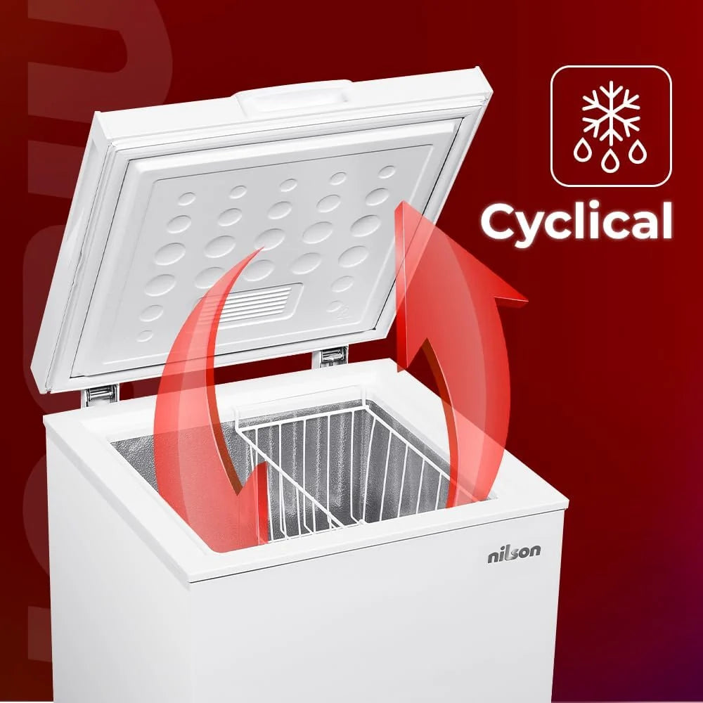 Nilson Congelador Horizontal Blanco NCH1001EDC. Capacidad 98 Litros, Dual Cooling, 4 Star, Modo Super Congelación, Tecnología Cíclica, Puerta Abatible, 1 Cesta, Bajo nivel Sonoro, Clase E