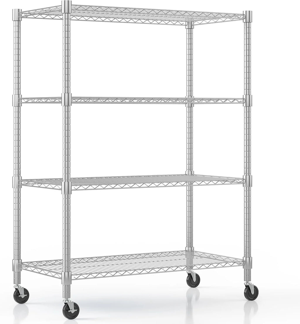 Himimi Estantería de Alambre de 4 Niveles con Ruedas, Altura Ajustable,con Pies Niveladores, Estante de Almacenamiento Metálico para Cocina, Baño, Dormitorio,Capacidad de 500 kg, 90*45*183 cm, Plata