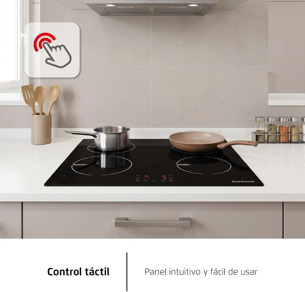 Corberó - Placa de Inducción 60cm | CCIG48BF | 6800 W | 4 Zonas | Control Táctil | Temporizador 99 Min | 9 Niveles Potencia | Booster | Bloqueo Infantil | Negro