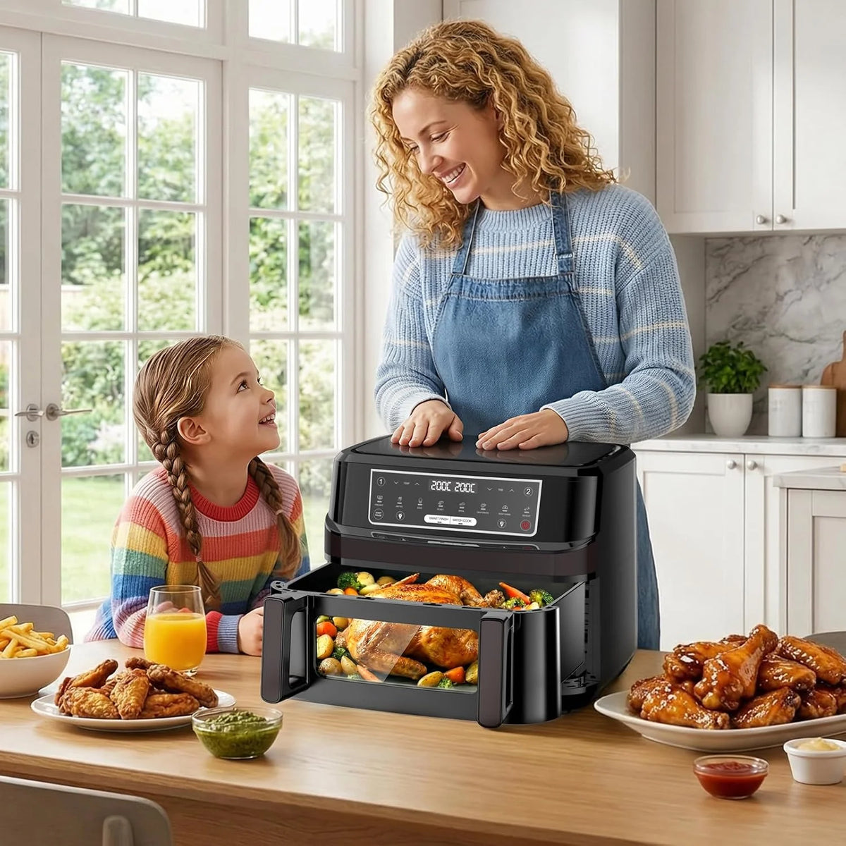 Freidora Aire 12 Litros | Freidora de Aire XXL Flexible Ajuste 1 Zona o 2 Zona, 2600W Doble Resistencia Control Independiente con Ventana y Luz, Air Fryer Grande 8-en-1 Controles táctiles Rezeptbuch