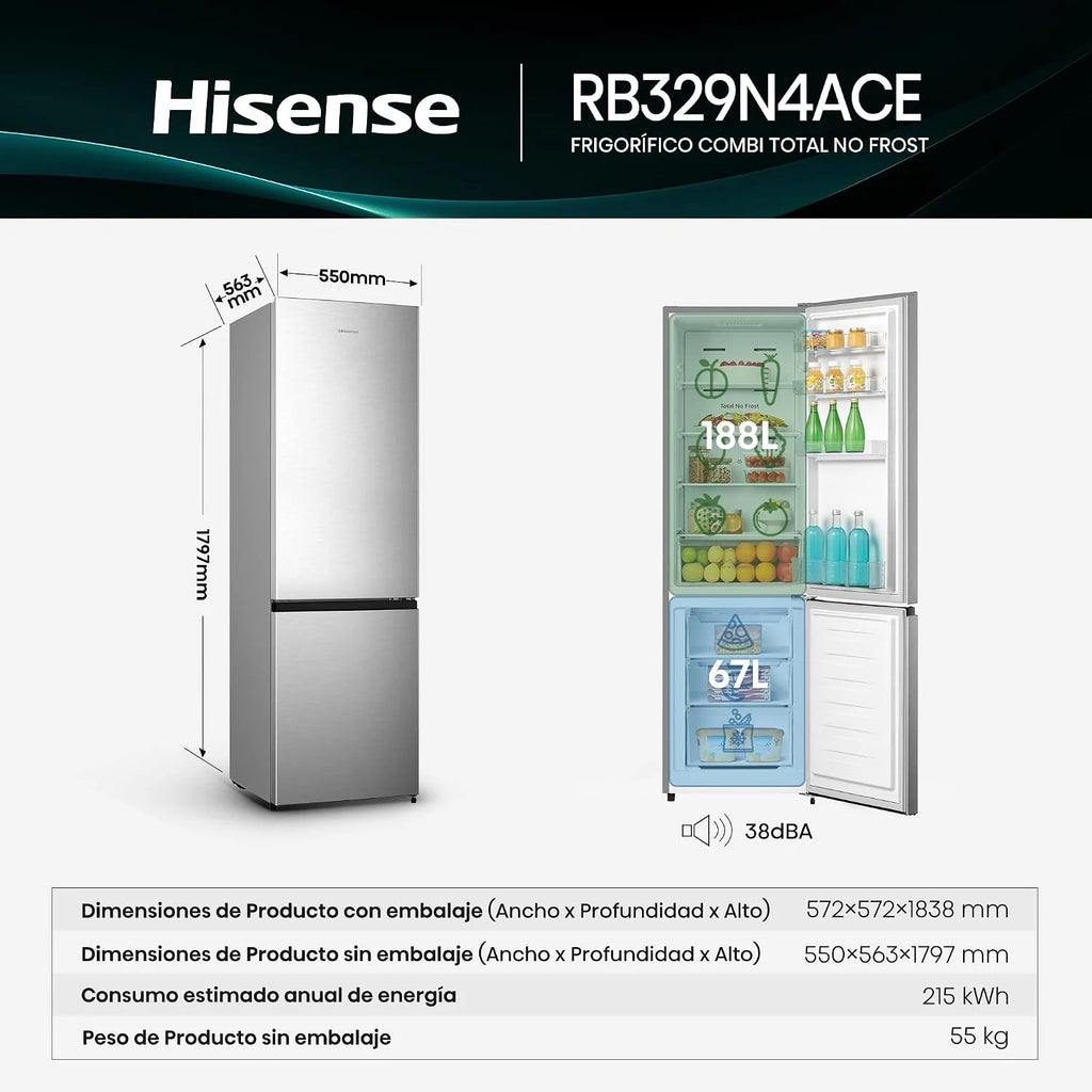 Hisense RB329N4ACE - Refrigerador combinado de instalación libre, Total No Frost con ventilación multiflujo, Inox Look, altura 180 cm, capacidad neta 255 L