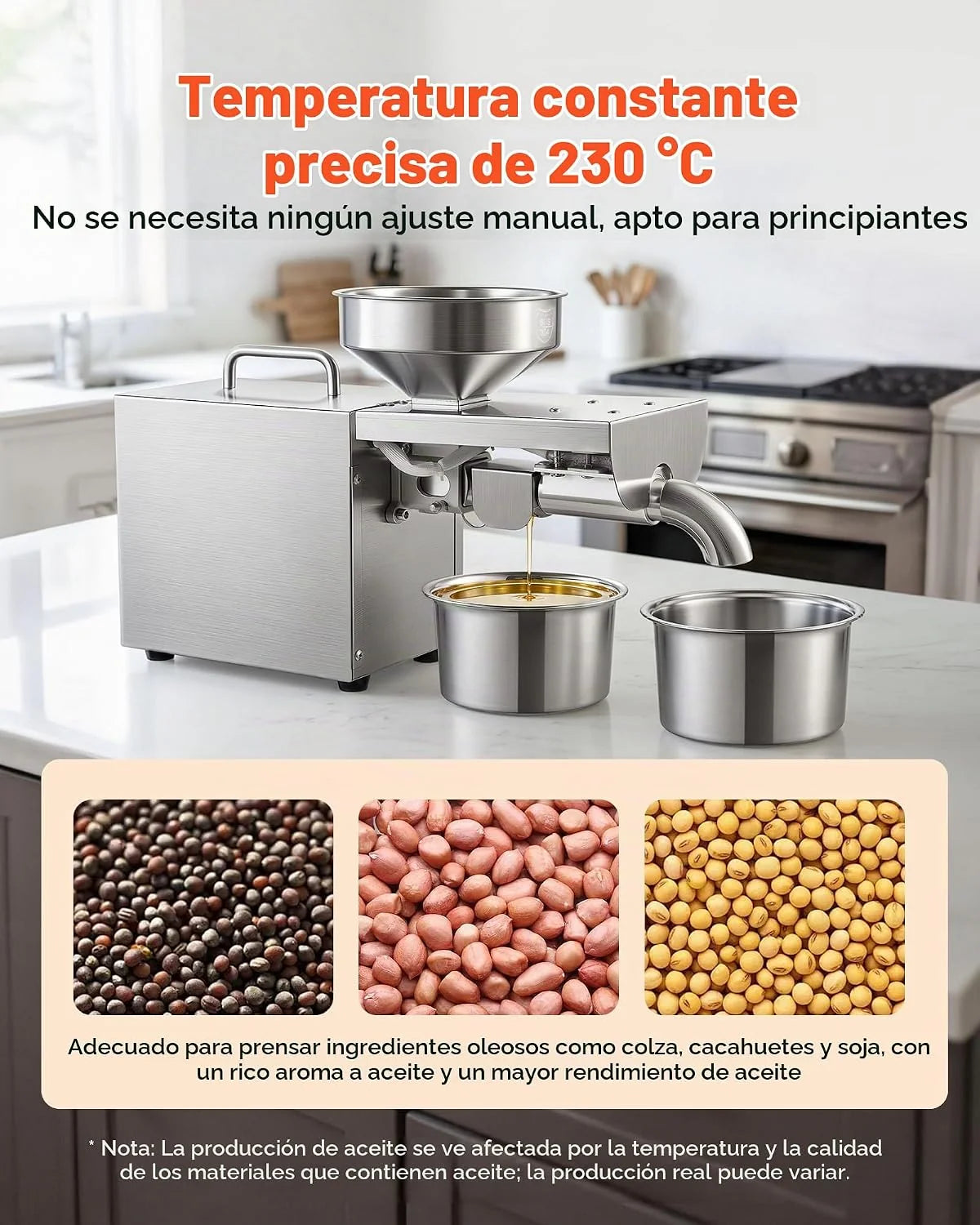 VEVOR Prensa de Aceite Eléctrica 700 W, Máquina de Prensado de Aceite 3,75 kg/h, Prensado en Caliente a 230 °C, Extractor de Acero Inoxidable, Uso Doméstico y Comercial, para Cacahuetes, Soja