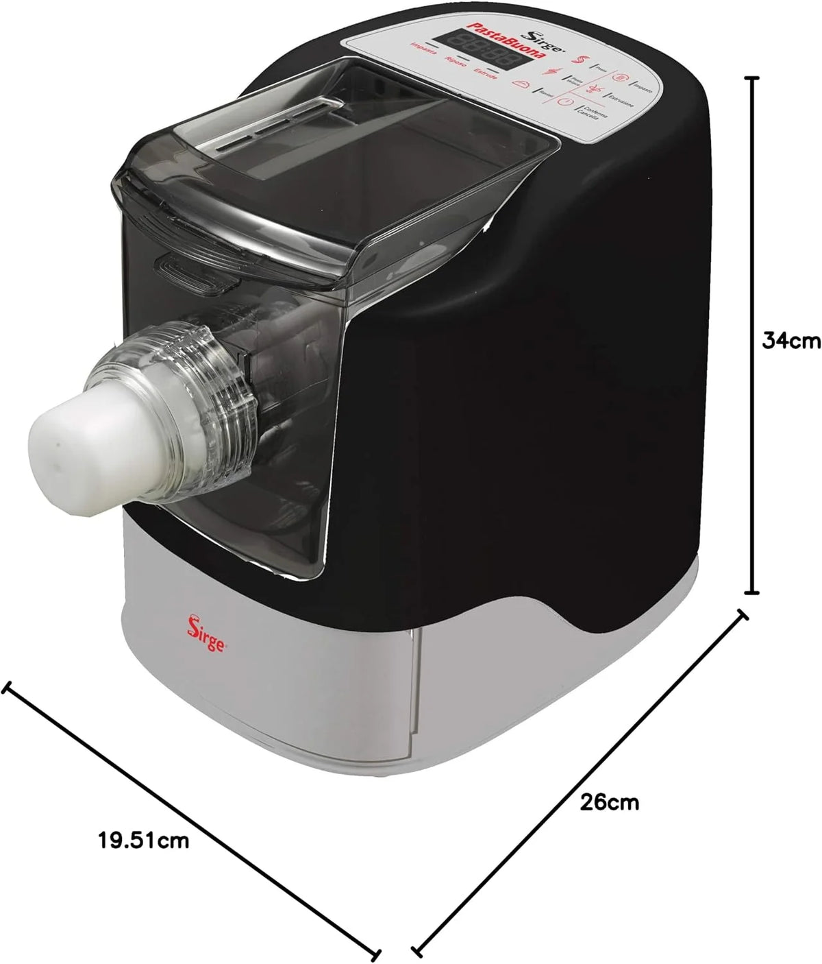 Sirge Pastabona Máquina para la Pasta 260 W – 13 Trafile – hasta 720 gr de pasta – Automática y también con Descanso – Incluye accesorio para pan/pizza/focas gratis