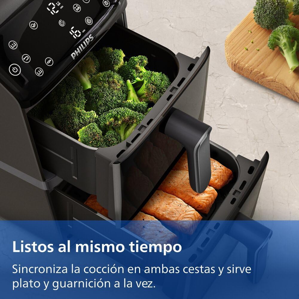 Philips 4000 Airfryer - Freidora de Aire doble Cesta Vertical 10L, Negro