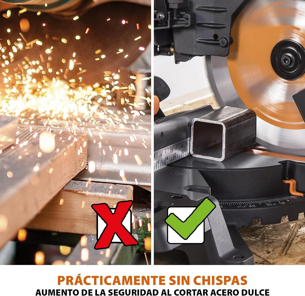 Evolution Power Tools R255SMS-DB ingletadora, Sierra ingletadora deslizante multimaterial de 255 mm, con doble bisel y paquete plus, hasta 300 mm x 90 mm, 5° a izquierda y derecha, inglete de 50°