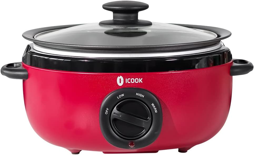 ICOOK 6.5 cuartos de galón de cocción lenta USC-65-OP001RD, olla de aluminio para estofado, apta para lavavajillas, tapa de cristal, temperatura ajustable, calentador de alimentos, rojo
