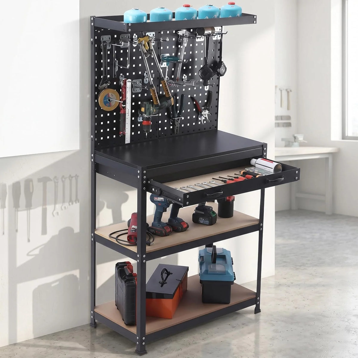 Relaxdays Banco de Trabajo 156×81×41 cm, 3 Niveles, con cajón, Negro