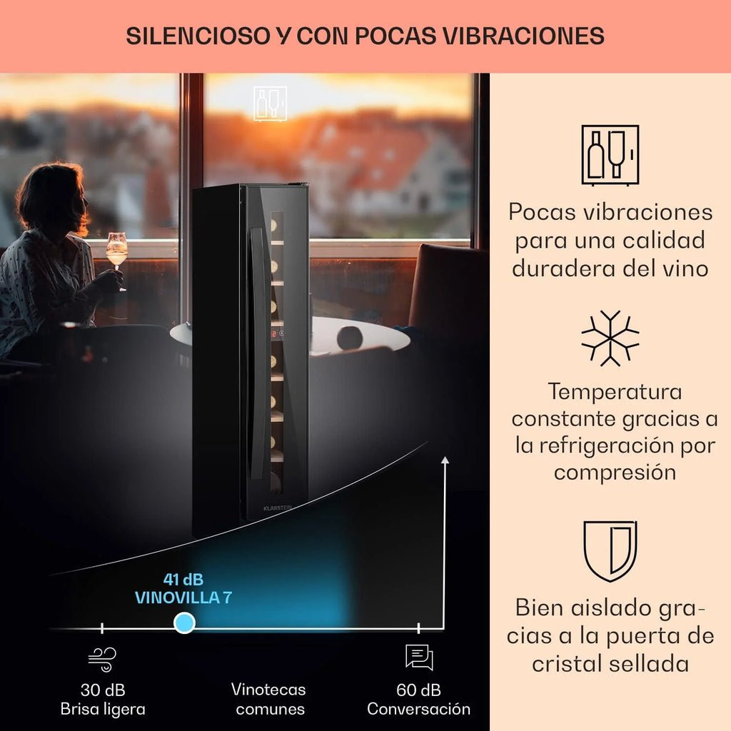 KLARSTEIN Vinoteca, Nevera para Vinos con 1 Zona de Refrigeración, Botellero Puerta Cristal para Vino, Proseco, Expositor Interior y Exterior, Panel Táctil, 20 L., Vinoteca Capacidad 7 Botellas
