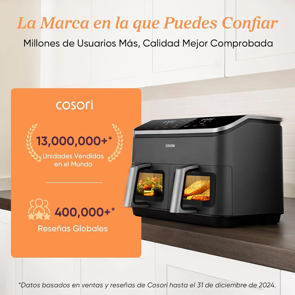 Cosori Freidora de Aire 8,5L, Doble Cesta con Ventana, 10 Funciones, Gris