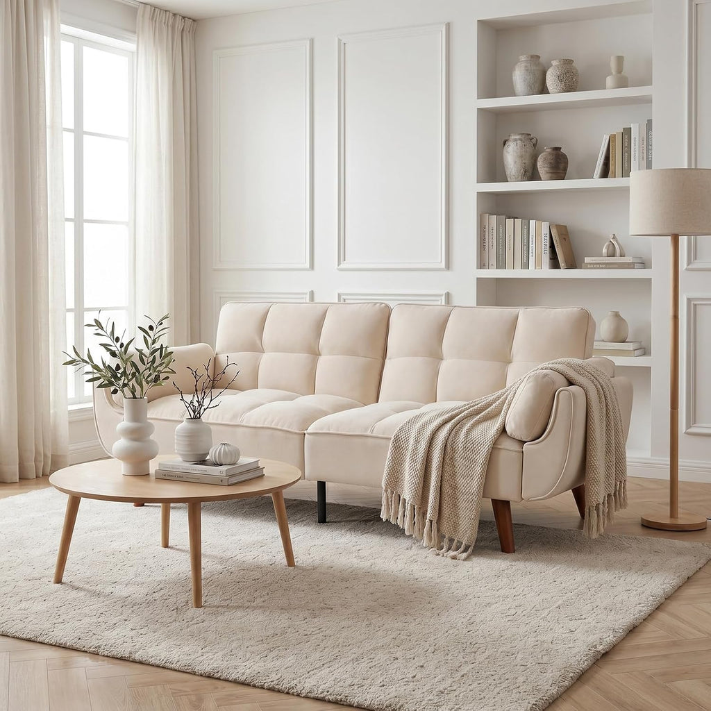 JIEXI Modern Fabric Sofa Bed, 3 Seater Convertible Futon Sofa with 3 Adjustable Angles, 71" Living Room Sofa Bed with Wood Legs, Heavy Duty 507lbs, Grey (180cm, Beige)