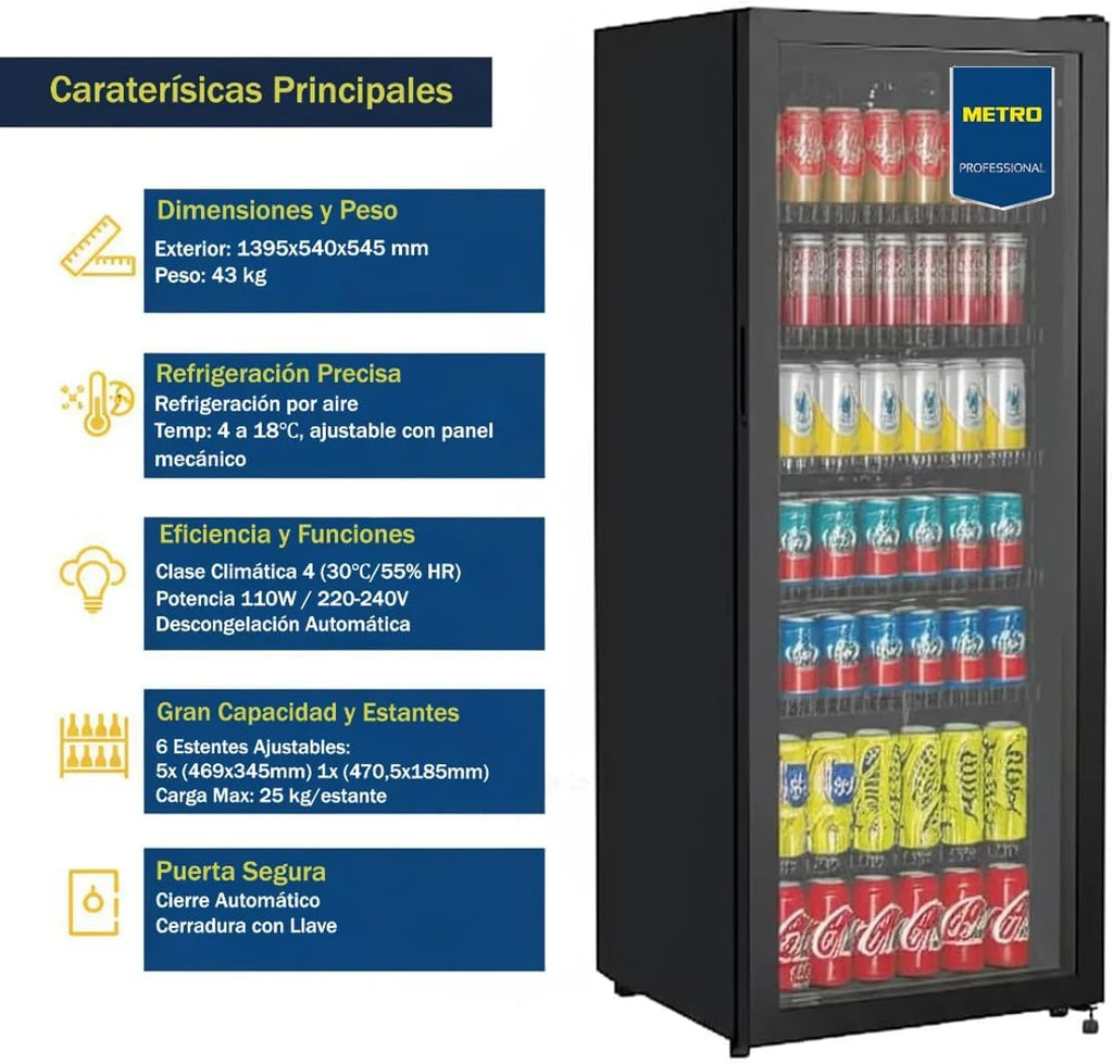 METRO Professional Frigorífico para Bebidas GSC4240B, Nevera Vertical con Puerta de Cristal, 54 x 54.5 x 139.5 cm, Iluminación Led, 6 Estantes Ajustables, con Cerradura, 4-18 °C (237 L, Negro)