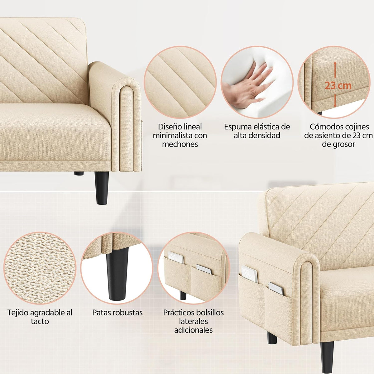 Yaheetech Sofa Bed 2 Seater Backrest 3 Level Adjustment Beige