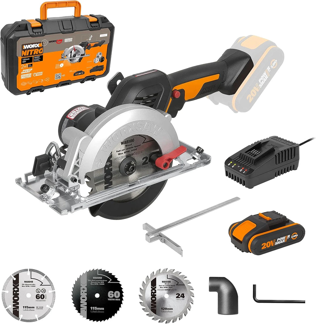 WORX Sierra circular Brushless WORXsaw XL 20V | PowerShare | WX531-1 batería 2Ah | Motor sin escobillas, diseño de cuerpo fino, rápido ajuste de profundidad