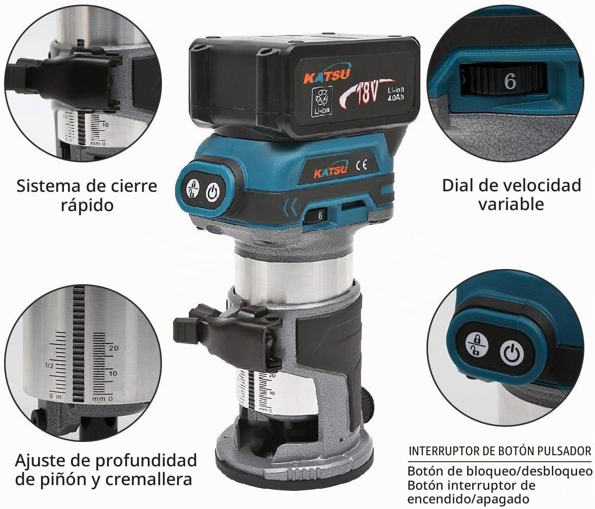KATSU Juego de Fresadora de Madera Rebajadora Inalámbrica de 18 V con 3 Bases + 3 Pinzas de 6 mm, 8 mm y 10 mm + Batería 4.0 Ah y Cargador