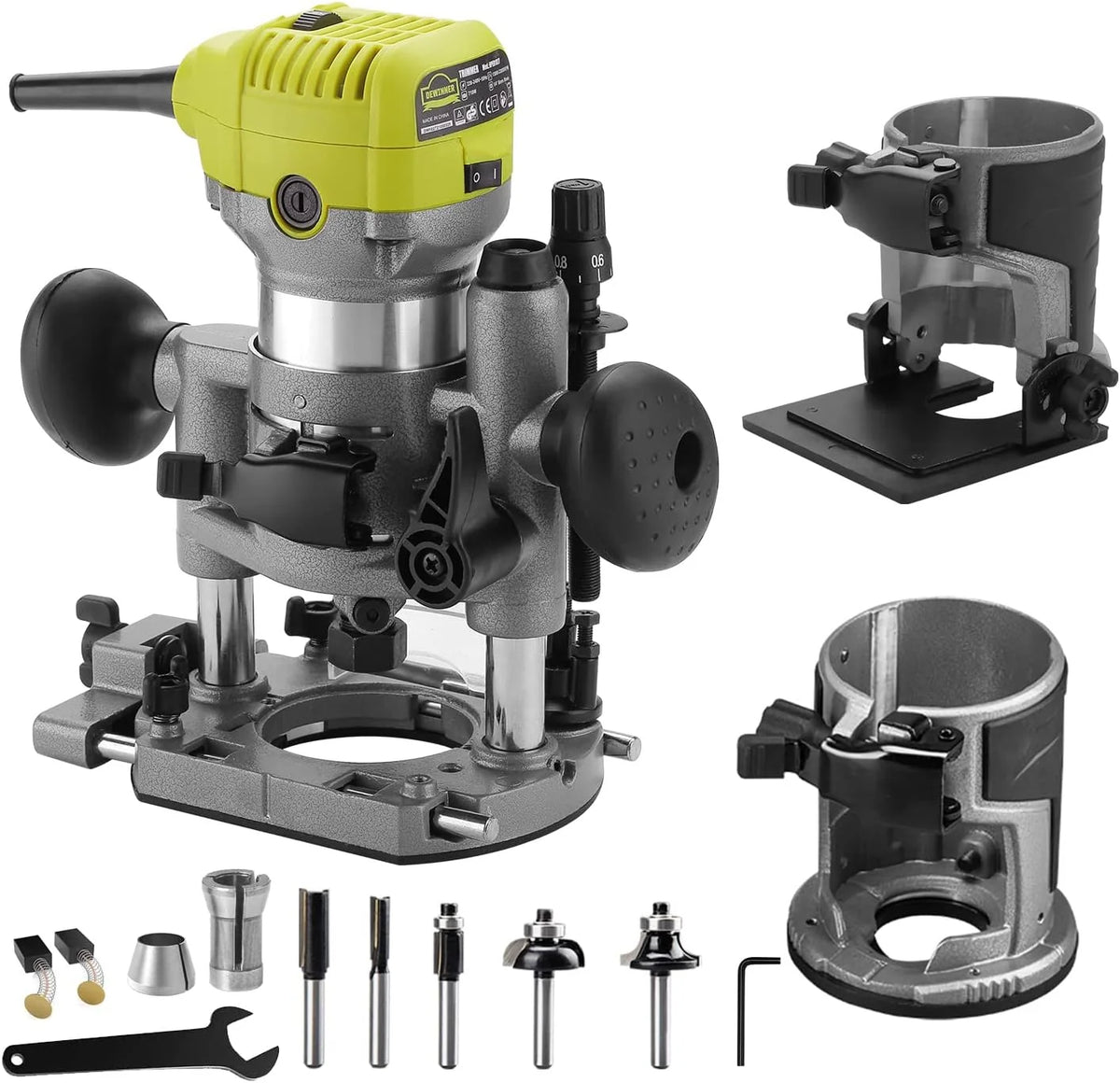 Fresadora de Madera Rebajadora Eléctrica, DEWINNER Desmoladora Eléctrica compacta 220 V, 710 W, 3 Bases Incluidas, 3 Pinzas de 1/4 Pulgadas, 6 mm y 8 mm, 5 Fresas de Carburo