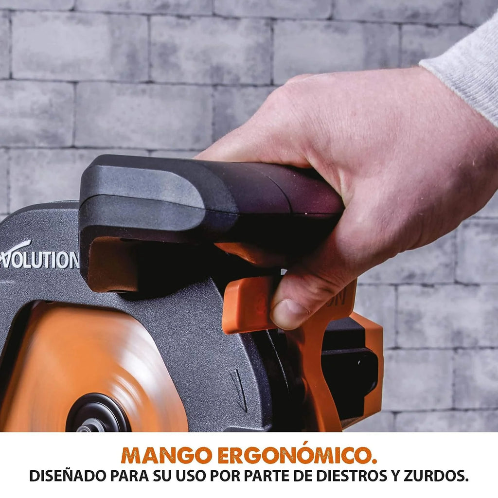 Evolution Power Tools R210SMS+ Ingletadora deslizante multimaterial de 210 mm, con paquete Plus, Corta acero dulce, aluminio, plástico, madera con clavos incrustados, 230 V