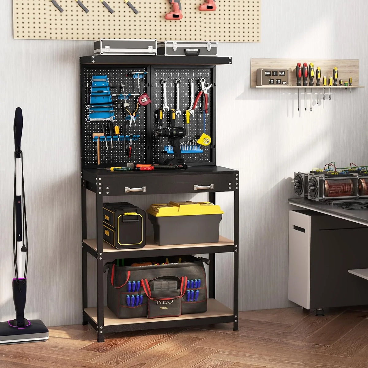 COSTWAY Banco de Trabajo con Tablero Perforado, Banco de Trabajo para Almacenamiento de Herramientas con Estantes y Cajones, 14 Accesorios para Colgar, Mesa de Trabajo para Garaje (Negro y Azul)