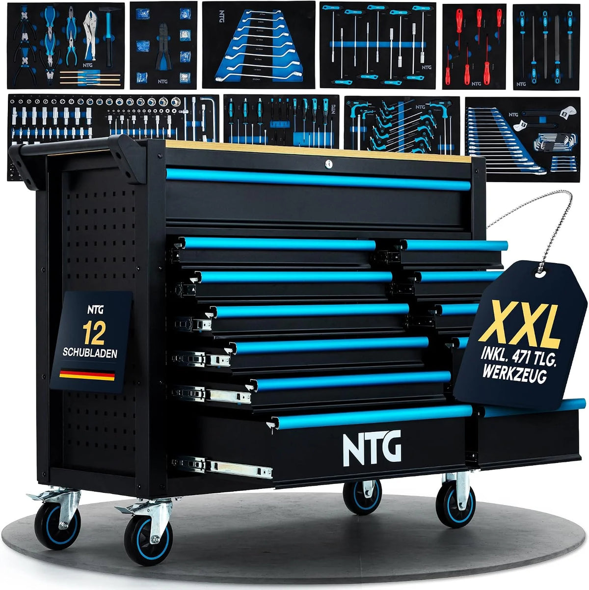 NTG Carro de herramientas XXL – 471 piezas incluidas – 12 cajones con tablero de trabajo de madera, con llave, móvil sobre ruedas – Gabinete profesional de metal para garaje y taller