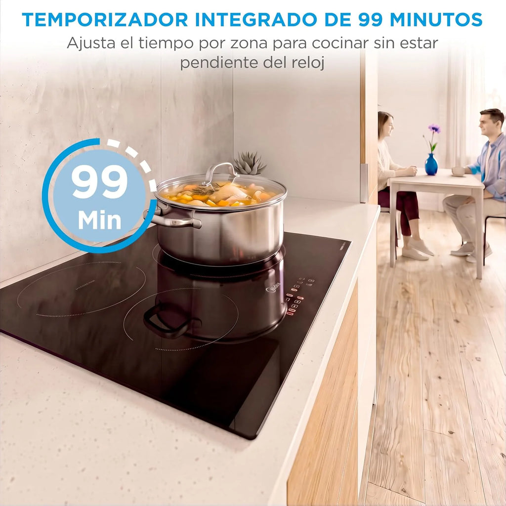 MIDEA Placa Inducción 3 fuegos 60 cm 7200 W - Vitroceramica Induccion Integrada con Panel de control tactil, Inverter quattro, 9 Niveles de Potencia, Booster, Indicador de Luz, y Temporizador.