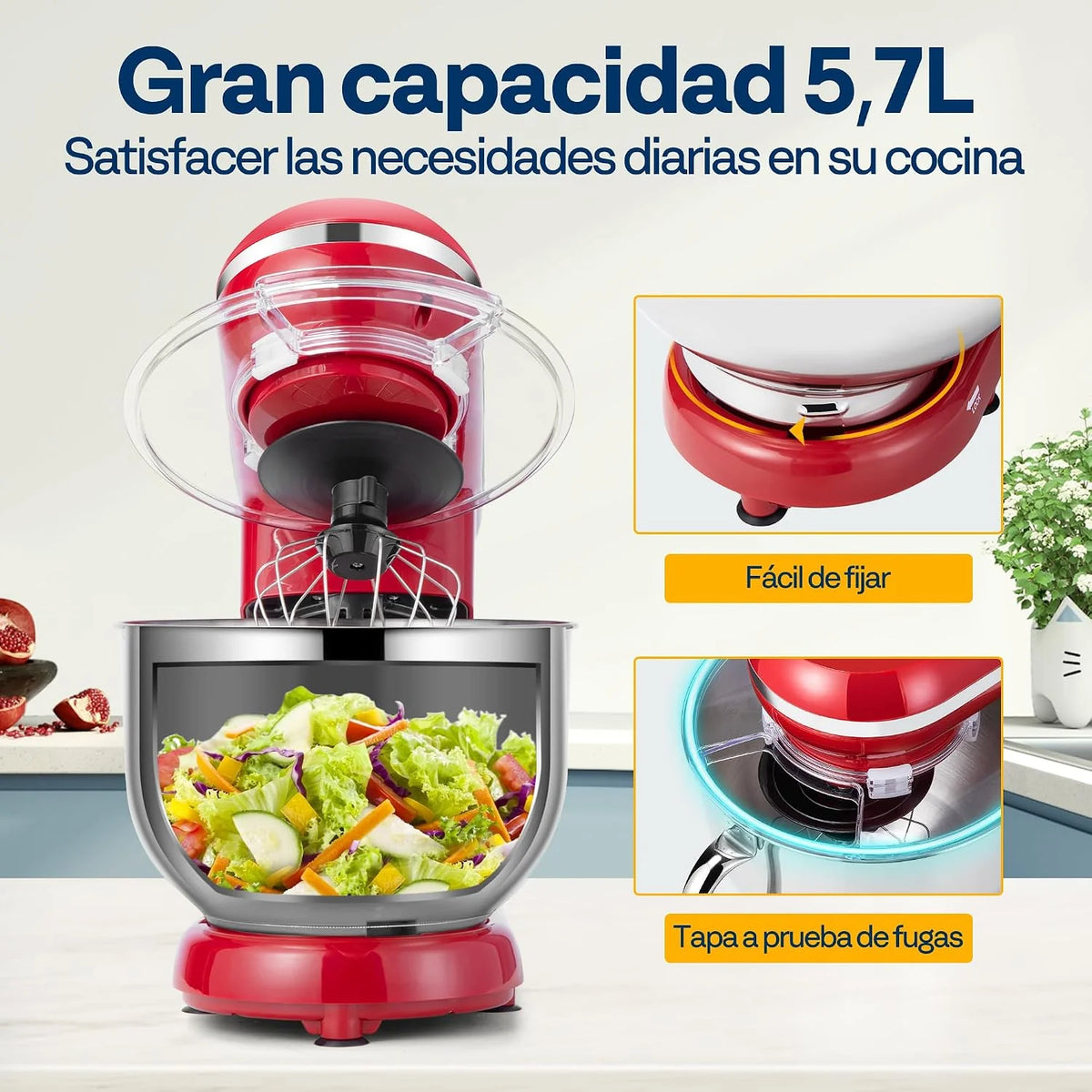 VIVOHOME Batidora Profesional Amasadora 1500W 5,7L para Repostería, Rojo