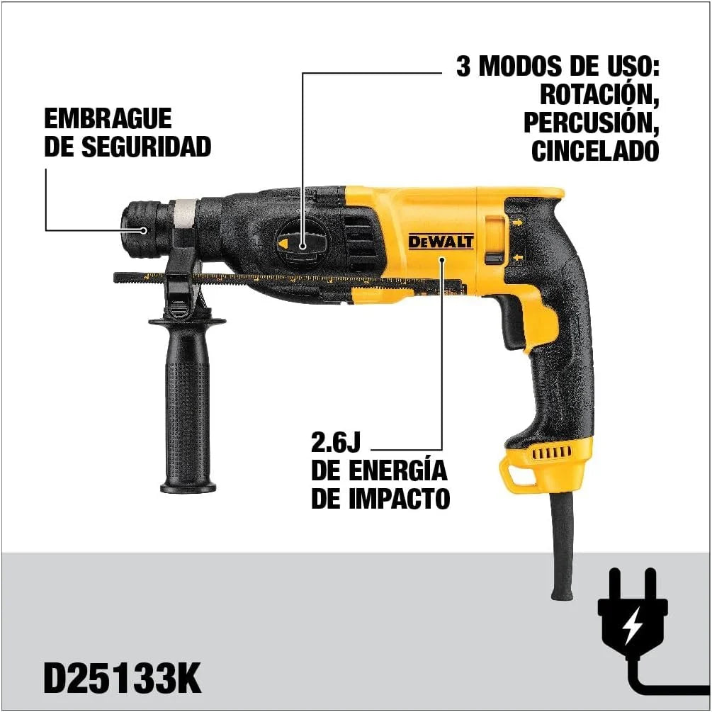 DEWALT D25133K-QS - Martillo Ligero Combinado 800 W 2.6J SDS-Plus, 3 modos, Empuñadura lateral multiposición, Tope de profundidad, Maletín de transporte TSTAK