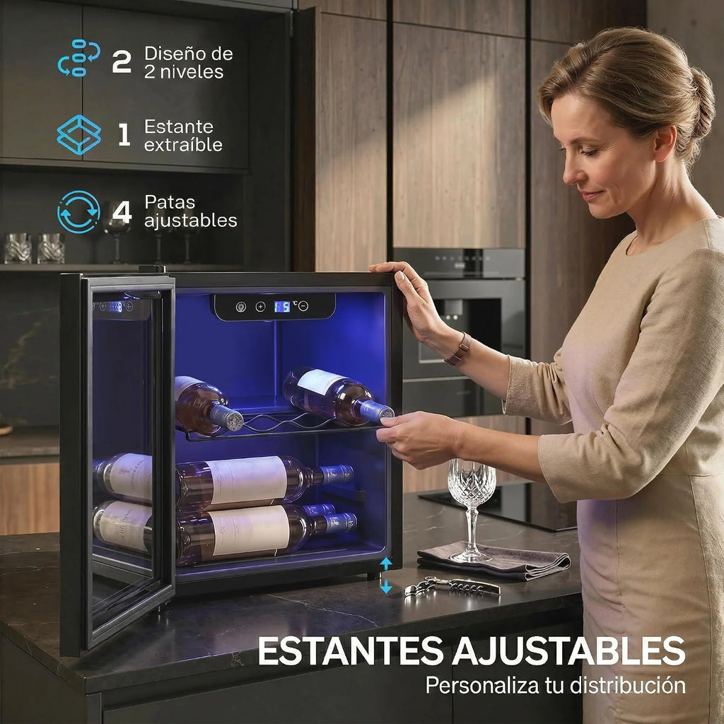 HOMCOM Vinoteca 12 Botellas, 36 L, Temperatura Ajustable 4-16℃, Negro