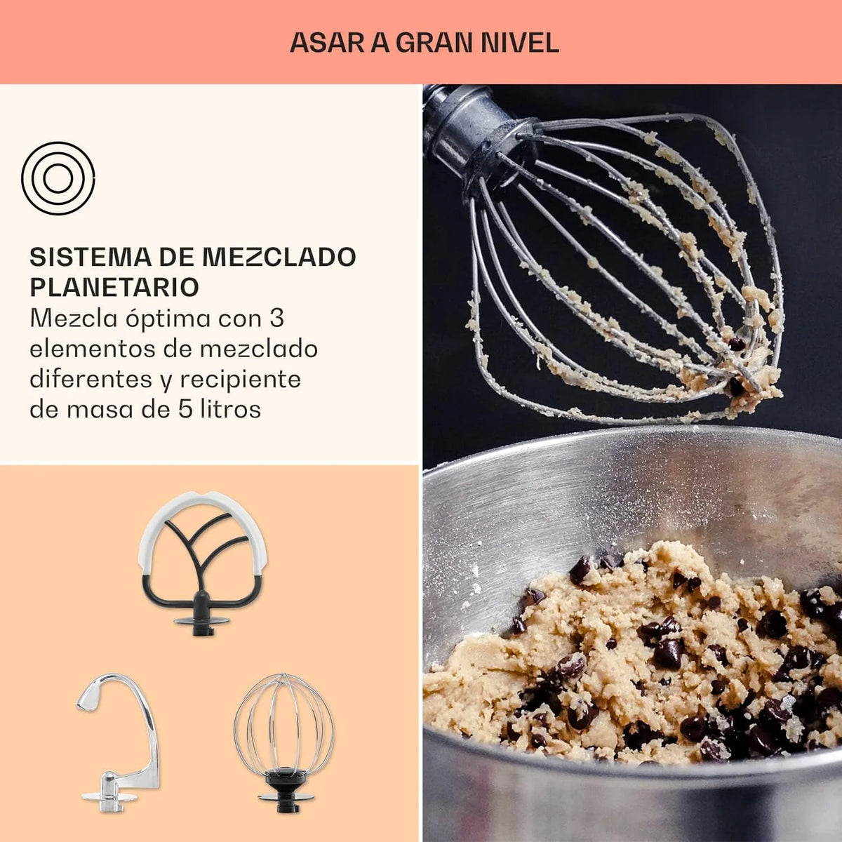 Klarstein Batidora Amasadora con Bol, 5L para Hornear, Robot Cocina, Amasadora Reposteria 1800W, Picadora Carne, Gancho y Bol para Mezclar con Varillas Rotación Planetaria 6 Velocidades