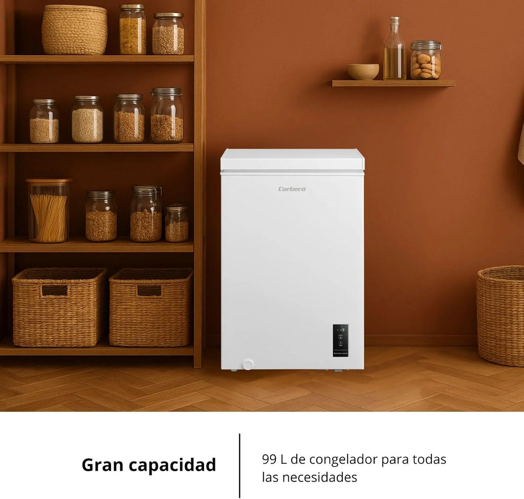 Corberó - Arcón Congelador Horizontal | CCHM1006M | 99L | 54,7cm x 84,9cm | Motor Inverter 38db | Sistema Dual | Súper Congelación | Control con Display | 1 Cesta |Blanco