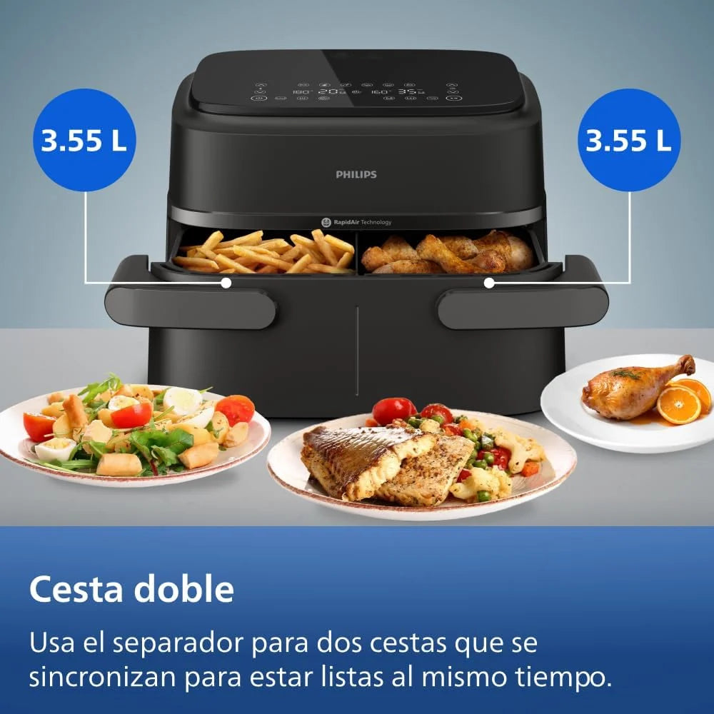 Philips 1000 Airfryer - Freidora de Aire doble cesta, 7,1L, 10 en 1, Negro