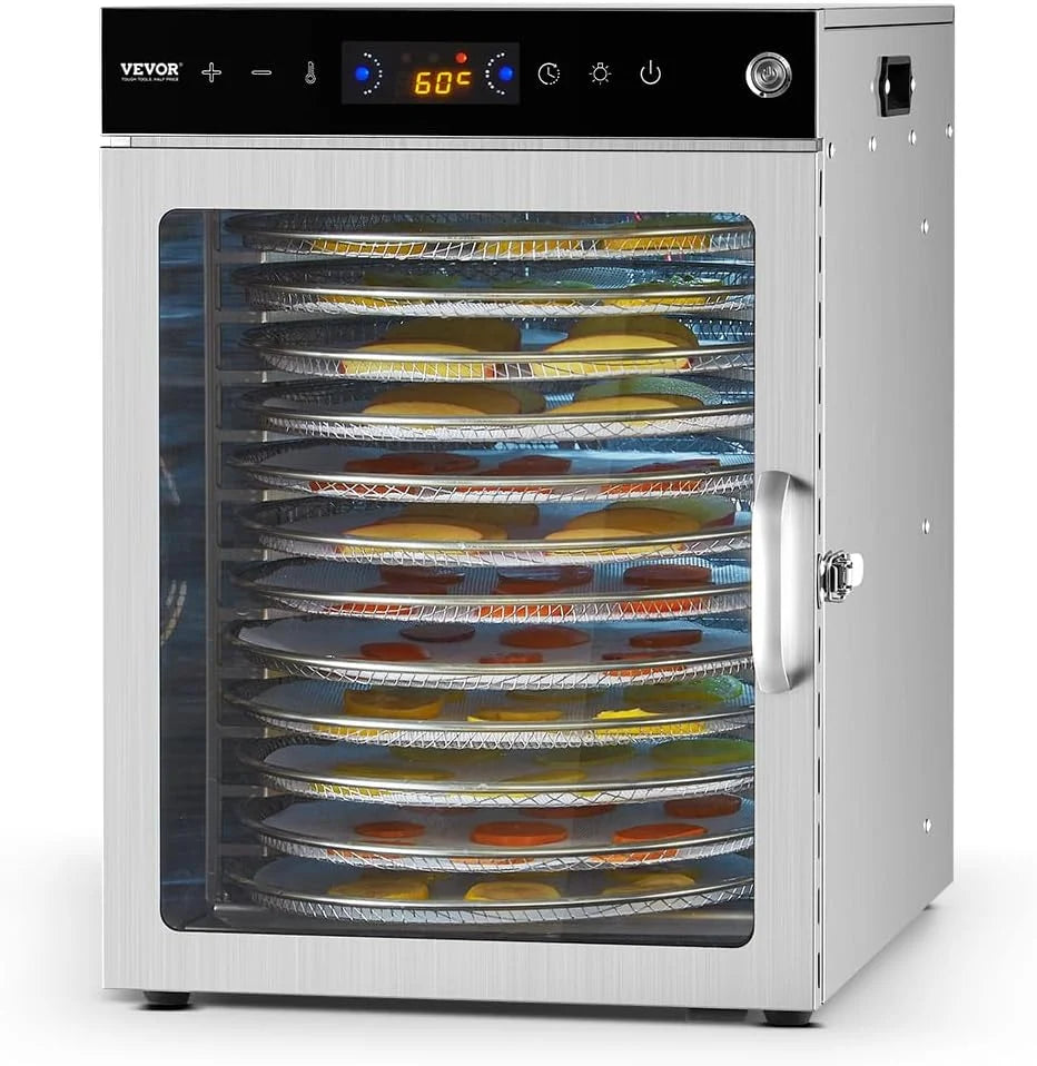 VEVOR Deshidratador de Alimentos 12 Bandejas de Acero Inoxidable Secador de Alimentos Eléctrico 800 W con Temperatura Ajustable y Temporizador de 24 Horas para Cecina, Frutas, Verduras, Hierbas