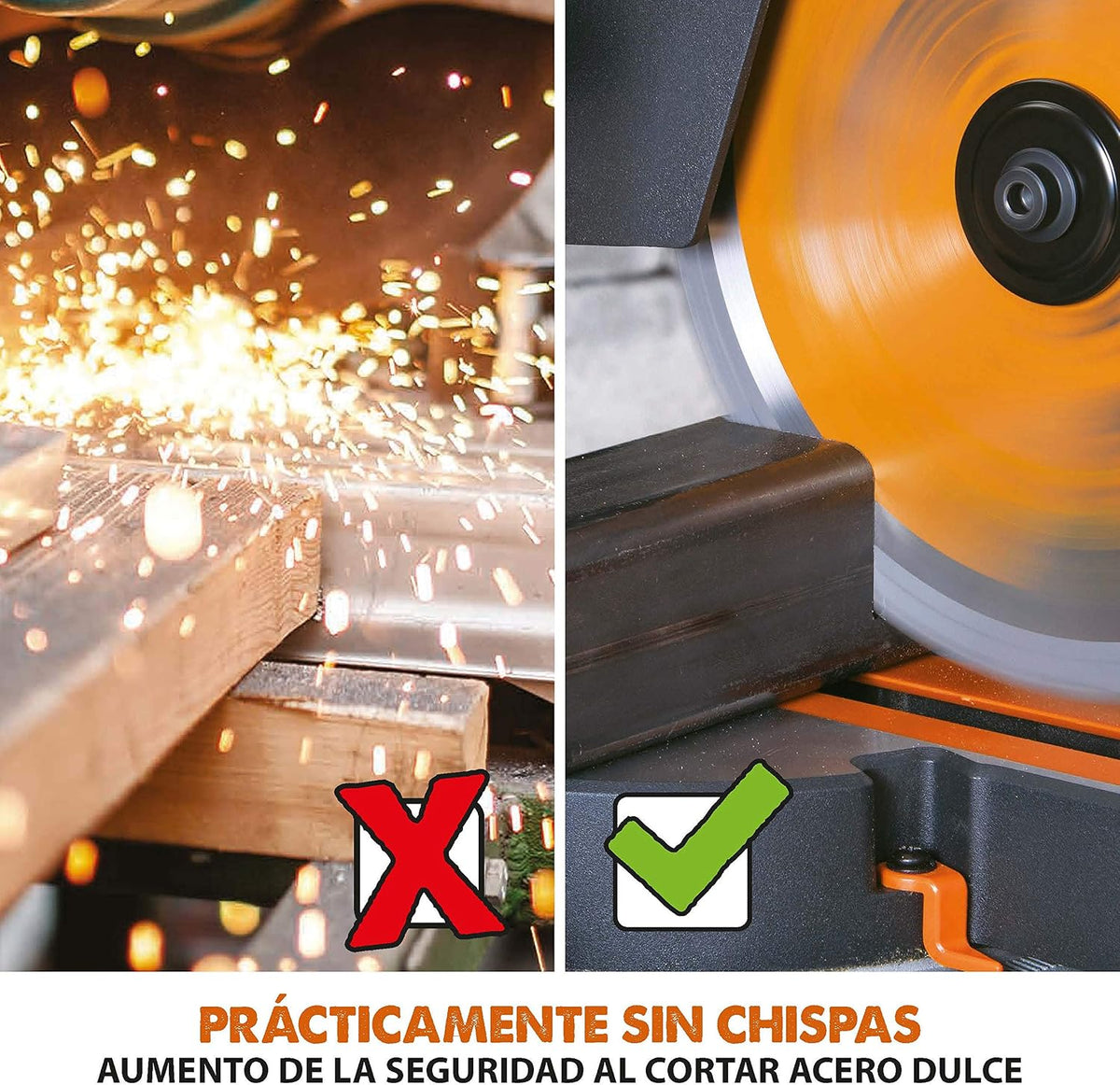 Evolution Power Tools - R210SMS-300+ Ingletadora deslizante multimaterial de 210 mm (230 V), con paquete plus, Corta acero dulce, aluminio, plástico, madera con clavos incrustados