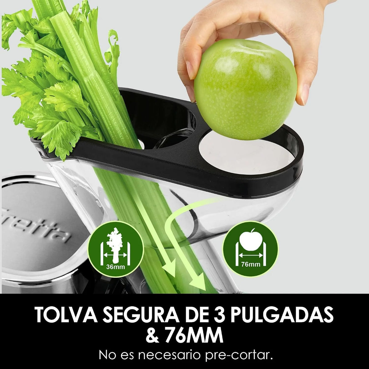 Fretta Extractor de Zumo Prensado en Frío 76 mm, libre de BPA (Inox)