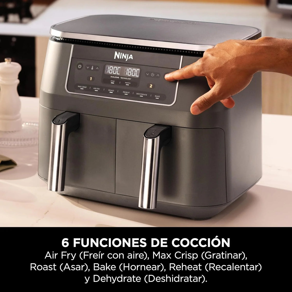 Ninja, Freidora de Aire con Compartimento Doble, 7,6 L, Gris Metalizado