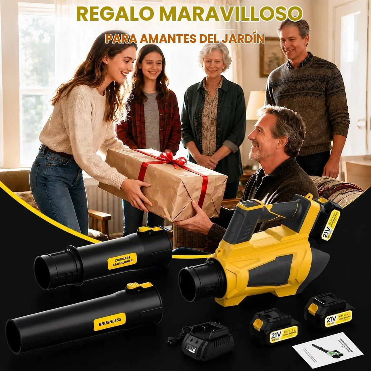 Soplador de Hojas 5 Velocidades, 2×4.0Ah Baterías y Cargador Motor sin Escobillas de 1000 W Rápido, Soplador Eléctrico Ligero para Cuidado del Jardín, Entrada, Hojas, Polvo y Nieve
