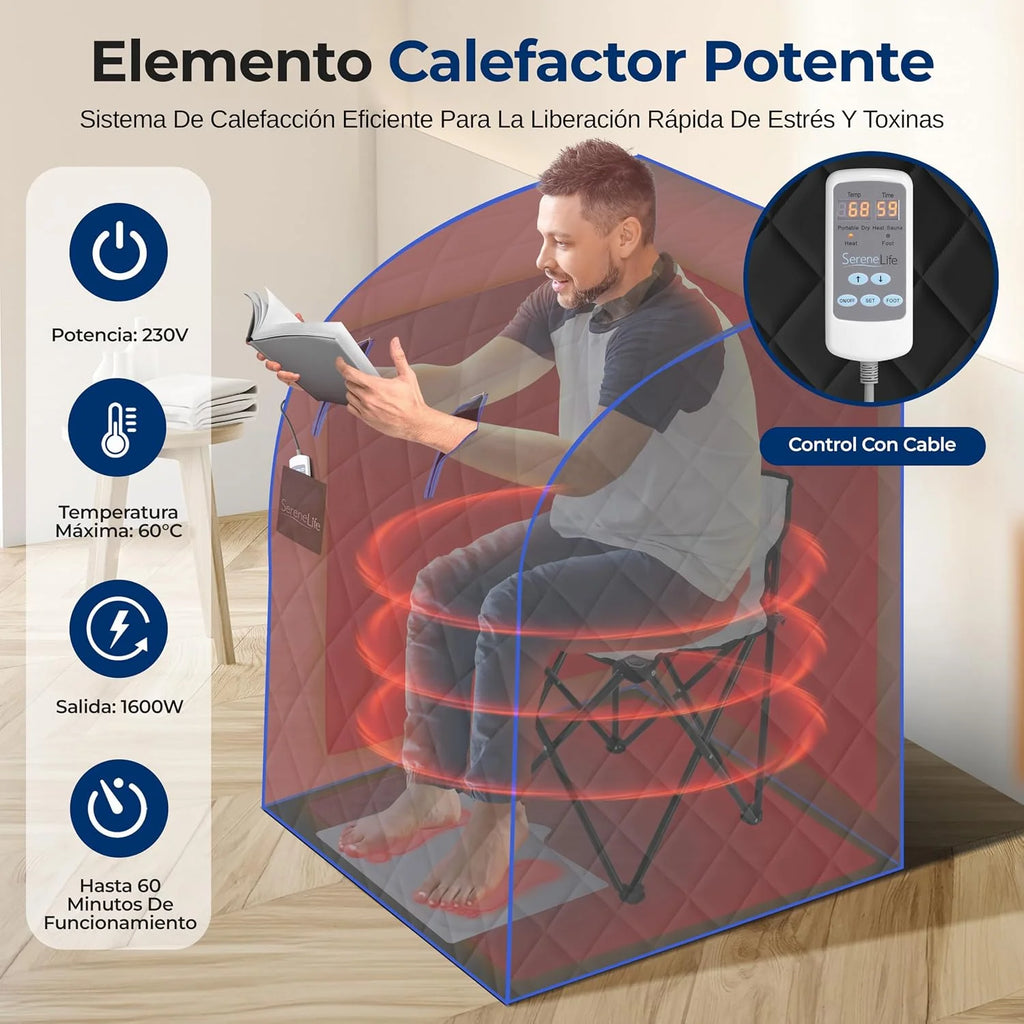 SereneLife sauna portátil, Infrarrojo, Para el hogar, Individual, Con almohadilla calefactora para los pies, Silla plegable