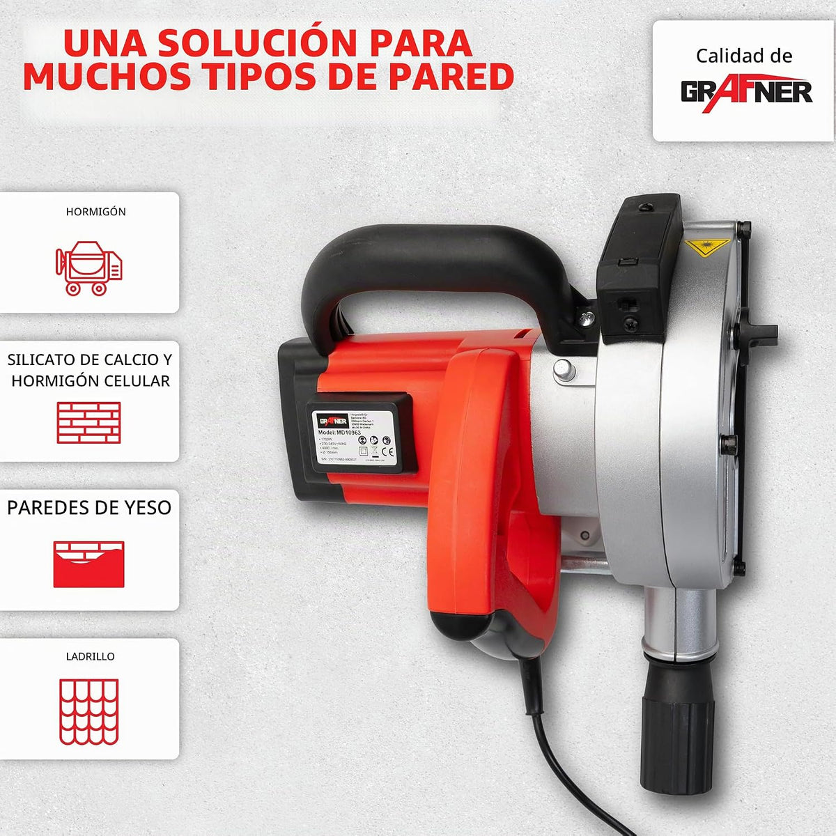 Grafner Fresadora de pared con láser, potente 1700 W con 4000 rpm, incluye 2 discos de corte de diamante de 150 mm de diámetro, extracción de polvo, ancho de ranura 14-29 mm, profundidad de ranura 10