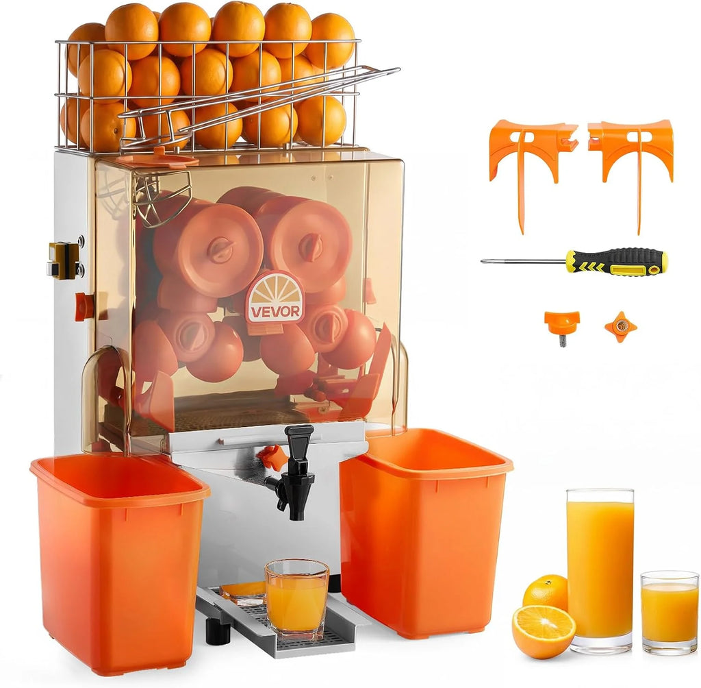VEVOR Exprimidora de Naranjas Comercial 120 W de Acero Inoxidable y PC, Con 2 Recipientes Recolectores, Con Grifo, Capacidad para Hasta 20 Naranjas por Minuto, Para Limones y Cítricos 55-80 mm