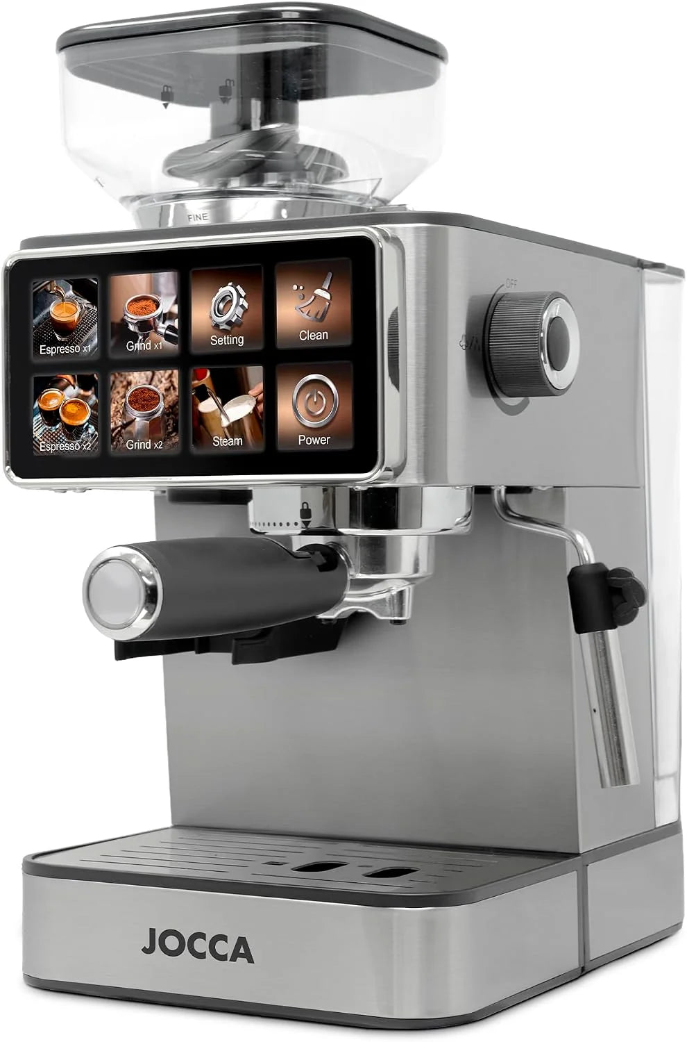 Jocca - Cafetera Espresso Semiautomática 20 Bar con Molinillo, Pantalla Táctil, 22 Niveles de Molienda, Vaporizador, Depósito 1,3L, 1450W, Acabado en cromado Acero Inoxidable