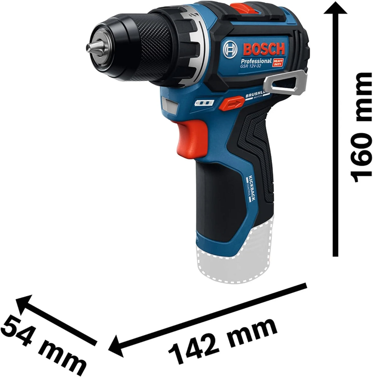 Taladro/atornillador a batería Bosch Professional 12V GSR 12V-32 (KickBack control óptimo, motor Brushless sin escobillas)