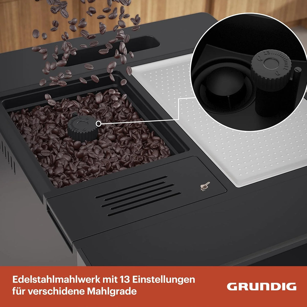 GRUNDIG KVA 6230 - Cafetera automática con boquilla para espumar leche, mecanismo de acero inoxidable con 13 grados de molienda, depósito de granos de 250 g, depósito de agua extraíble de 2 litros,