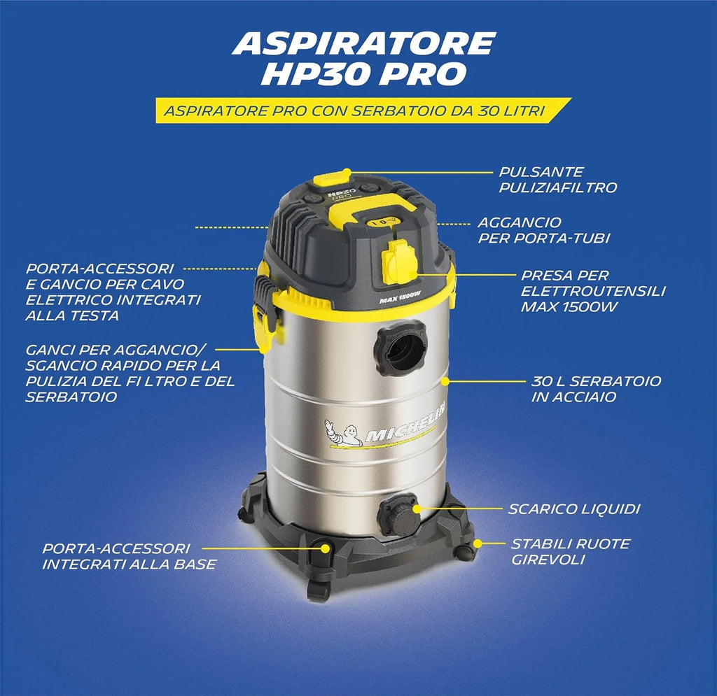 Michelin HP30PRO Aspirador Industrial 30L 1400W - Seco y Húmedo - Depósito INOX - Vibración Mecánica Filtro - Drenaje Líquidos - Cable 4m