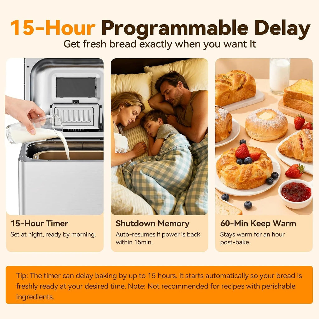 TRIUMPHKEY 19 Programas Panificadora Automática con Dispensador, 3 Tamaños & 3 Tostados Panificadora de Pan, Temporizador 15h, 1kg Maquina de Hacer Pan, Panificadora sin Gluten, Yogur y Mermelada