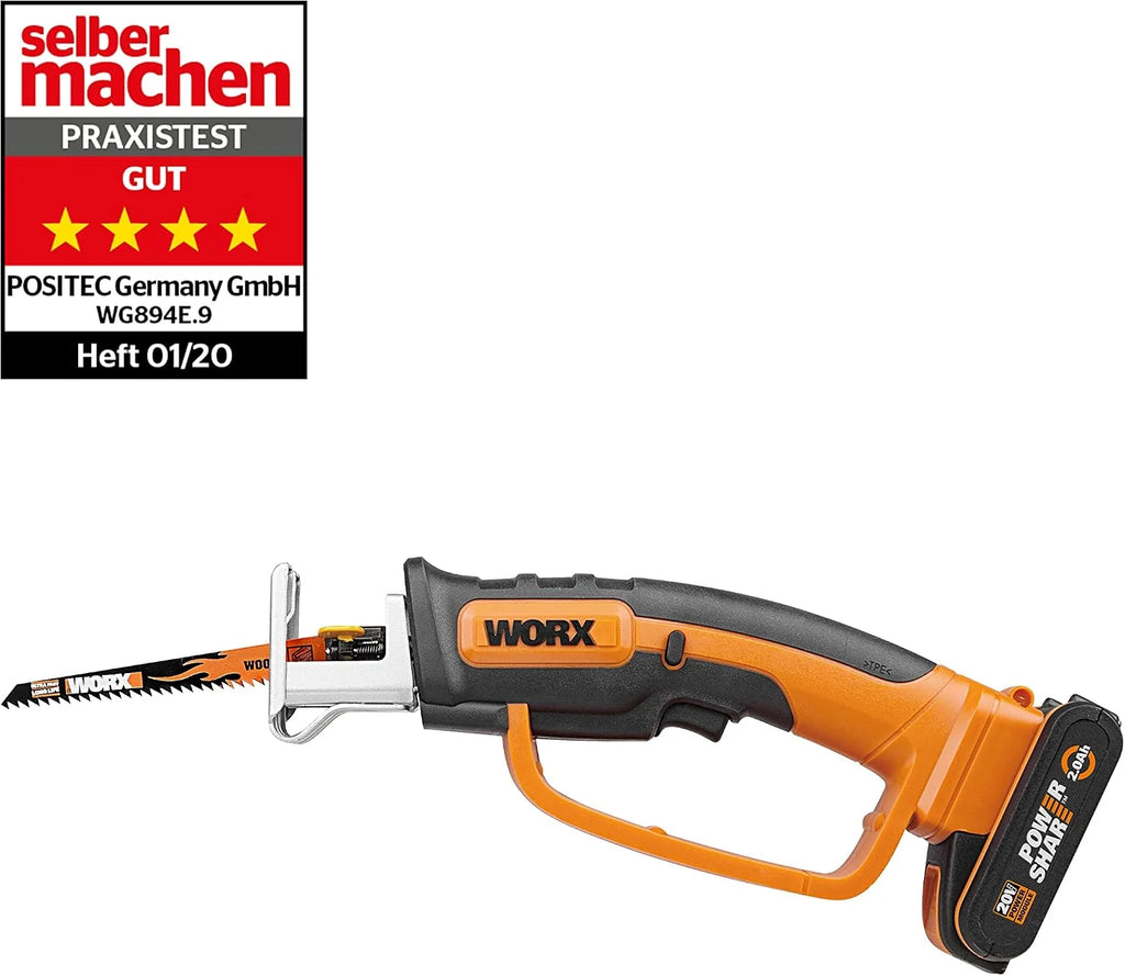 WORX WG894E Serrucho multifunción 20V-2Ah, 1 batería y cargador incluido, para madera, plástico y ramas, compacto y ligero, incluye sierras anclaje universal para sierra de calar