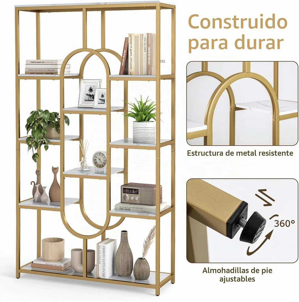 HOMASIS Librería 5 Niveles de Madera, Marco Metálico, Estante de Pared con Estanterías Abiertas, Mueble de Almacenamiento para Sala de Estar, Oficina, 86 x 30 x 175 cm (Dorado)