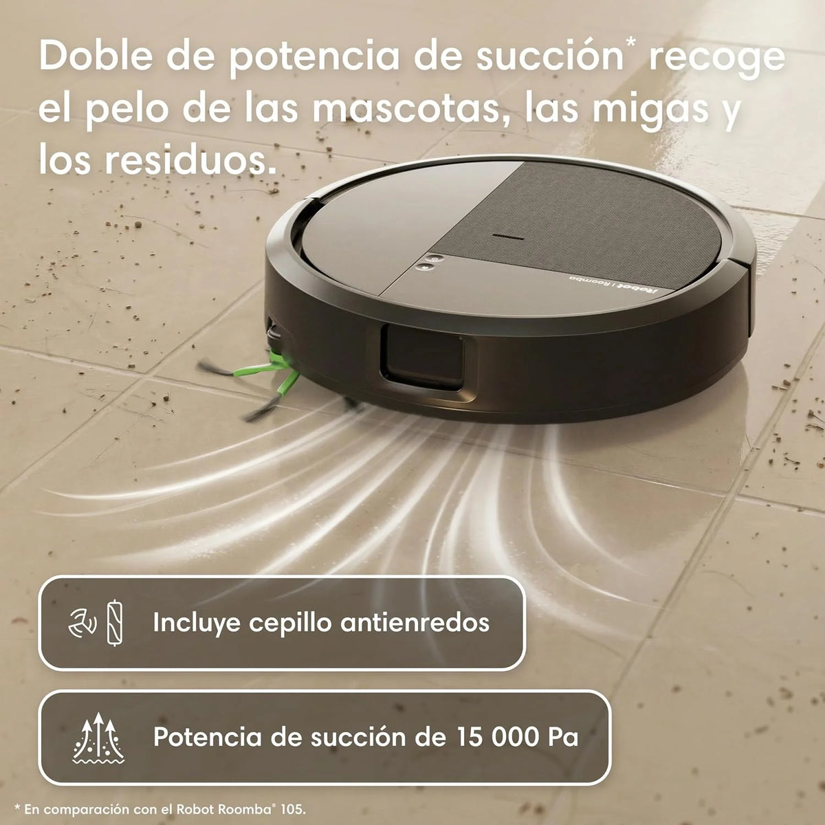 iRobot Roomba 115 Combo, Robot Aspirador y friegasuelos 2en1, Potencia de succión de 15.000 Pascales, Cepillo Lateral Flexible, Mopa de fregado extendida, Navegación Clearview LiDAR, App, Negro